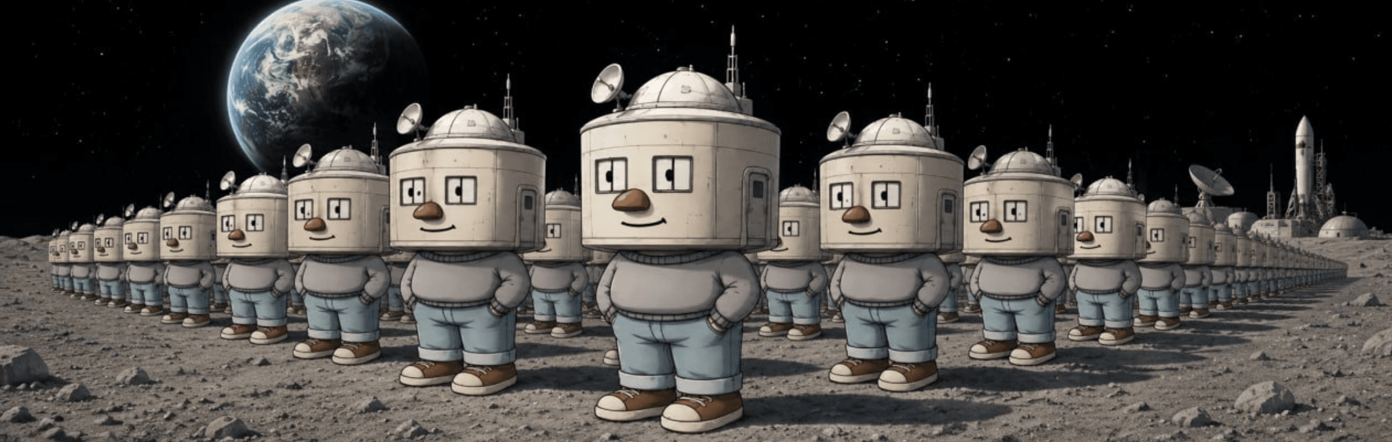 A long line of MOONBASE characters standing on the lunar surface, ready for mission
