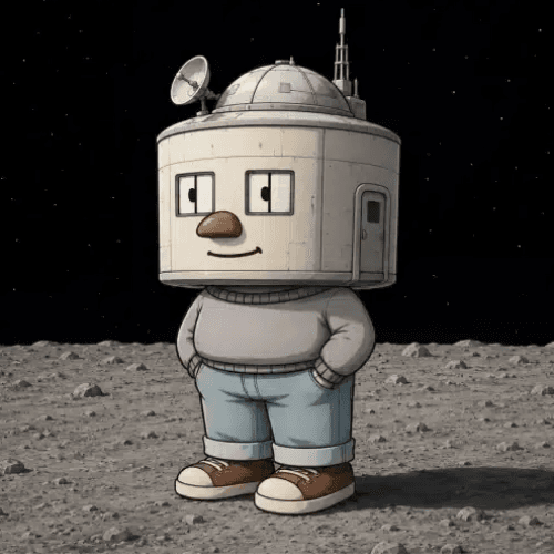 MOONBASE, a humanoid with a lunar habitat for a head, standing on the Moon